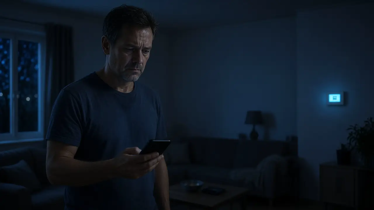Illustrated homeowner at night, looking at a phone, with a glowing thermostat on the wall behind him.