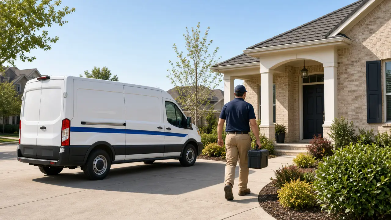 Illustrated technician walking to a front door with a tool case, a service van parked in the driveway.