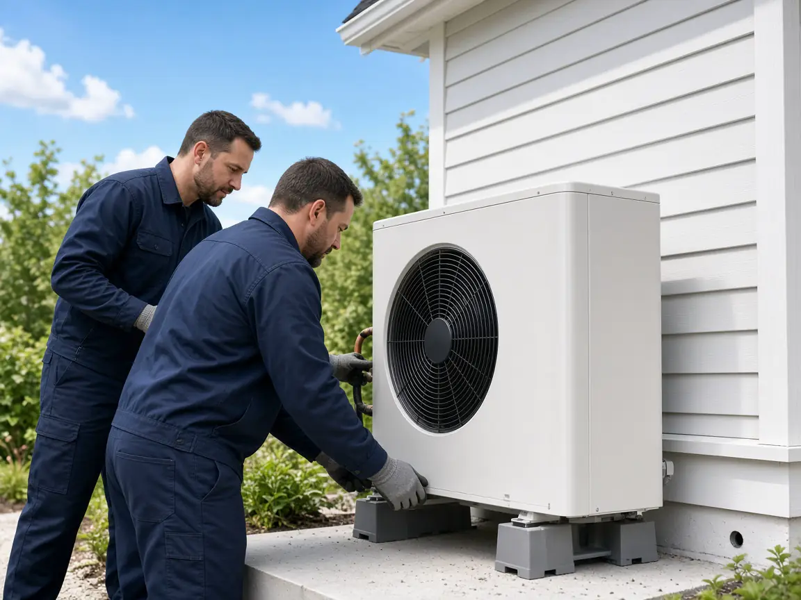 Illustrated two-person HVAC crew working on an outdoor heat pump beside a house.