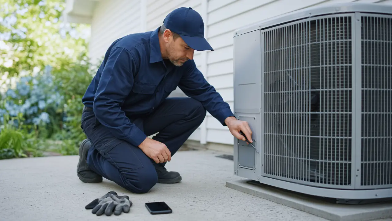 Illustrated technician kneeling beside an outdoor air conditioner, with a phone face-down on the concrete.