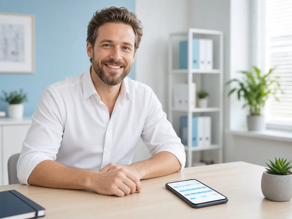 Illustrated shop owner at a desk, with a phone showing a weekly calendar.