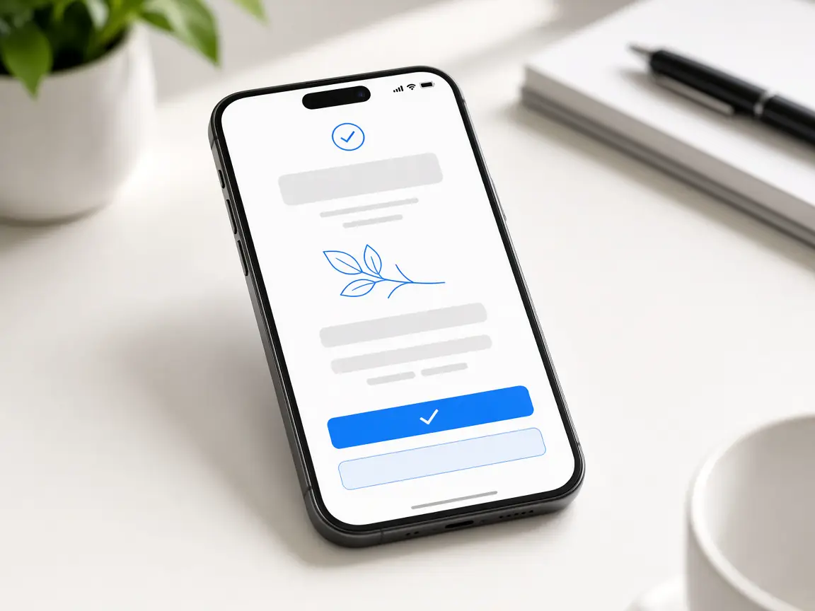 Illustrated phone on a desk showing a simple booking confirmation screen.